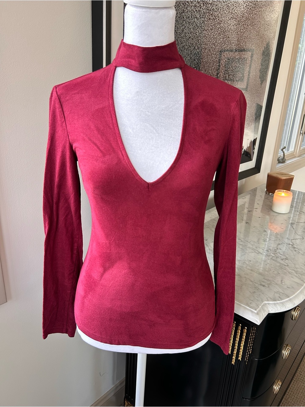 Bebe Burgandy Cutout Choker Neck Long Sleeve Top